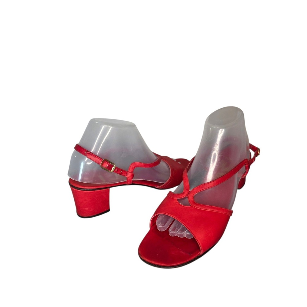 Red Italian Leather Sandals Womens 10N Ankle Strap Block Heel Vintage